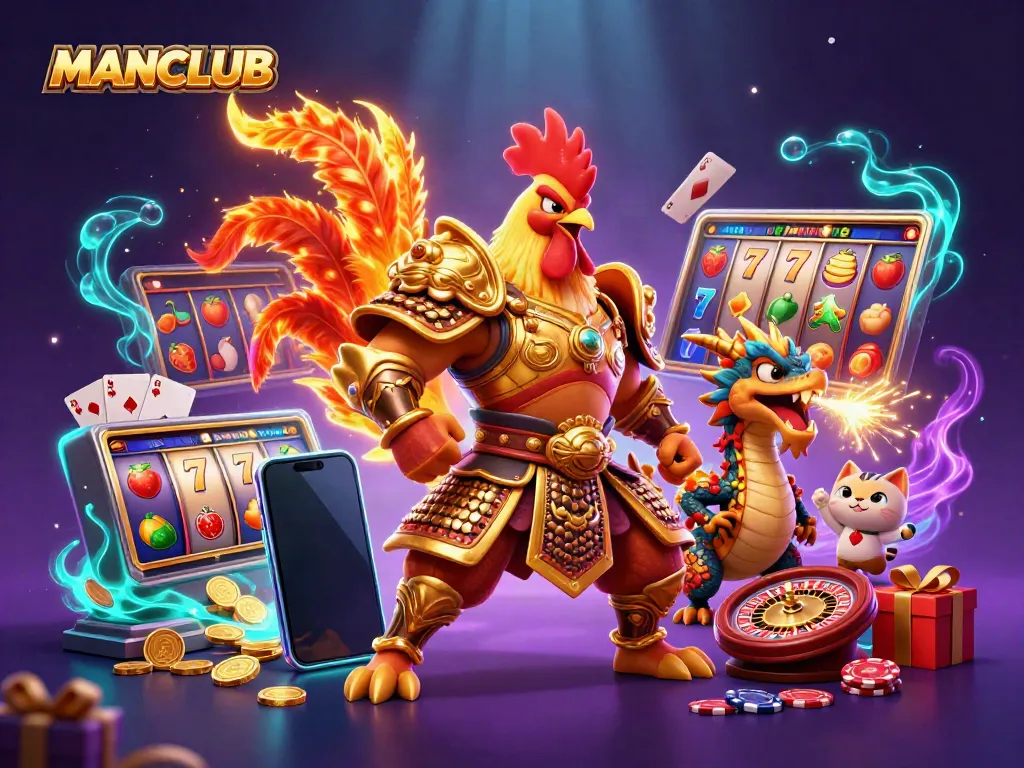 Experience thrilling wins with MANCLUB's fierce warriors in an action-packed casino scene.