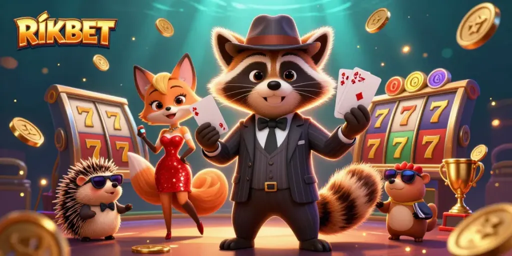 Experience the excitement of casino gaming with RIKBET’s captivating 3D illustration featuring a suave raccoon and friends.