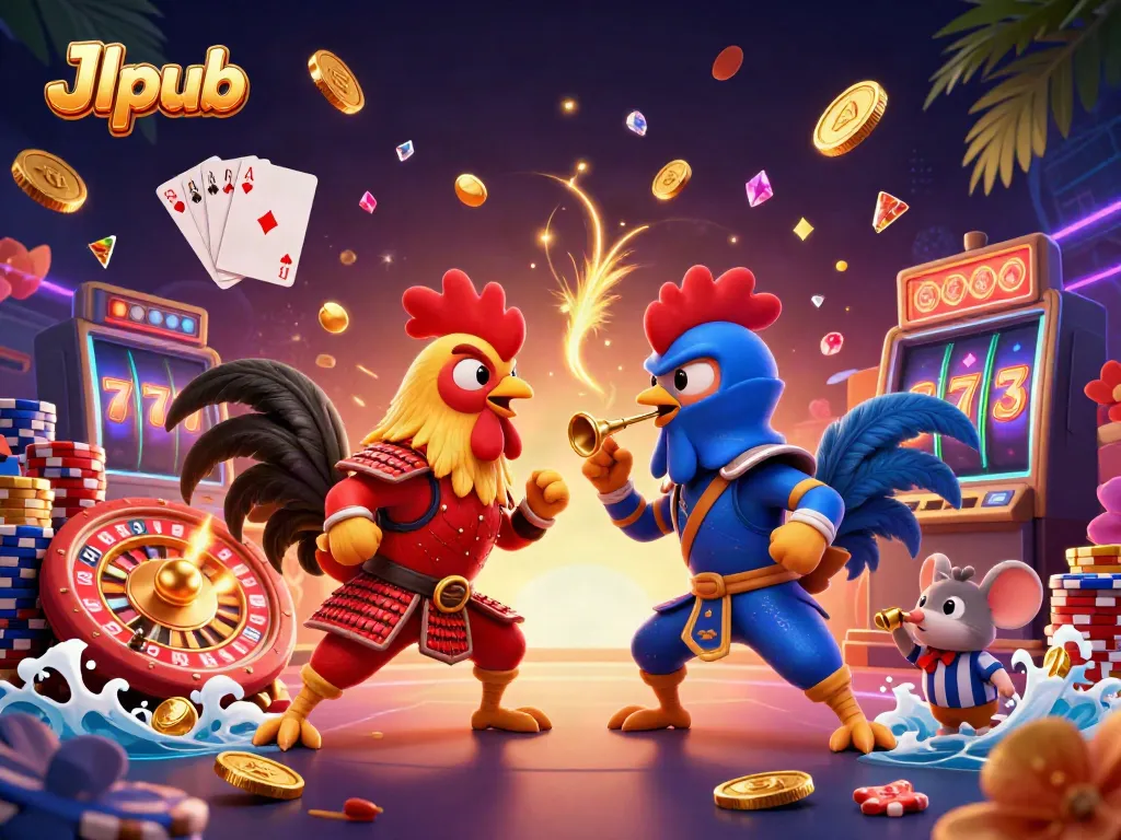 Experience thrilling Jlpub gameplay with twin fighting roosters amidst a vibrant casino scene
