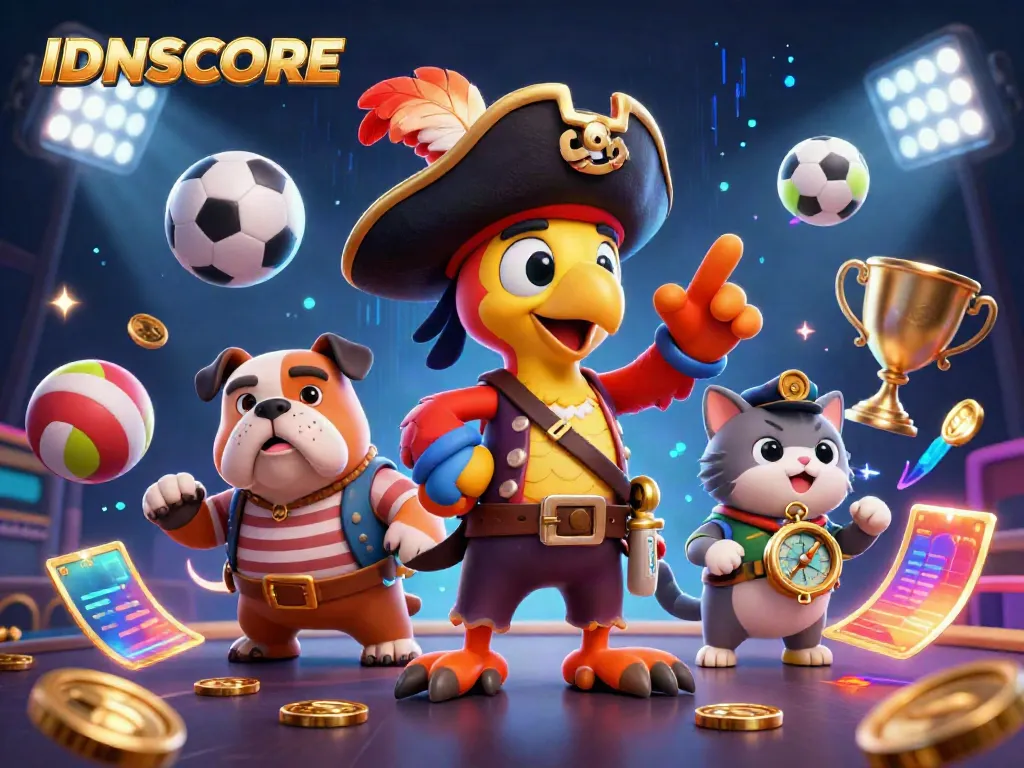 Experience thrilling betting excitement with IDNSCORE in this dynamic 3D illustration featuring pirate characters and sports elements.