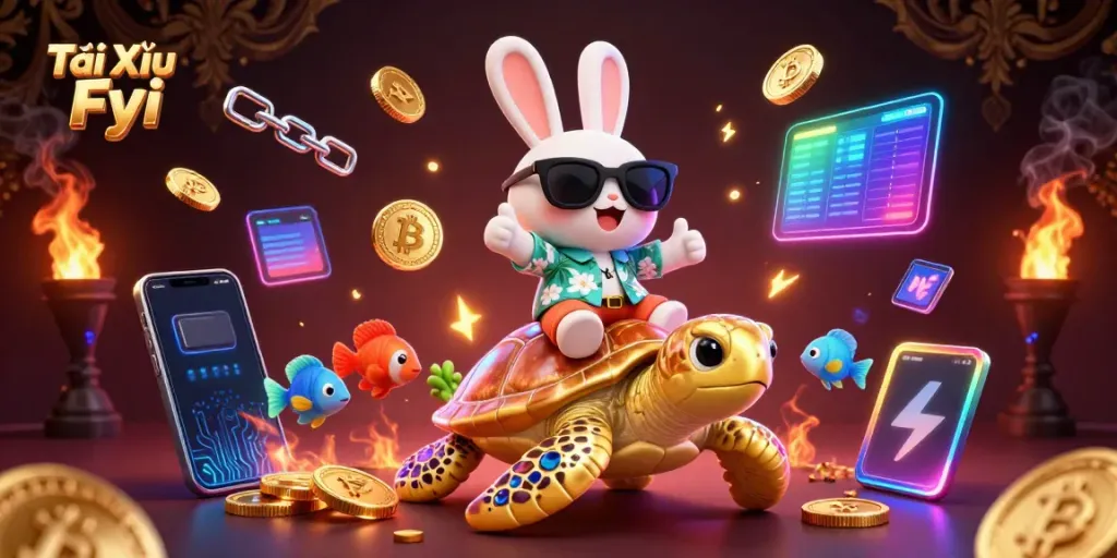 Engage with Tài Xỉu Fyi through an adventurous scene of luck and treasure in a vibrant casino.