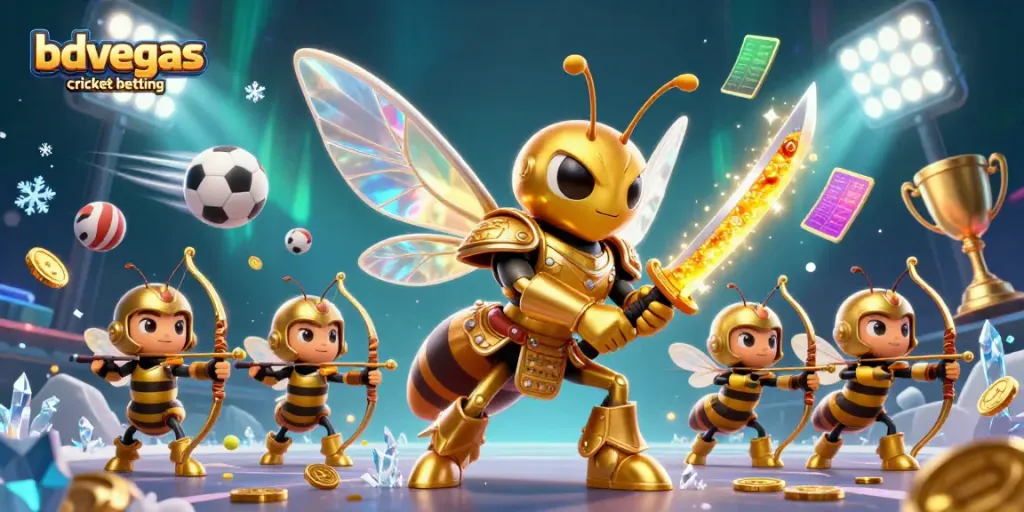 Engage in bdvegas cricket betting with a vibrant scene featuring a samurai hornet and dynamic sports elements.
