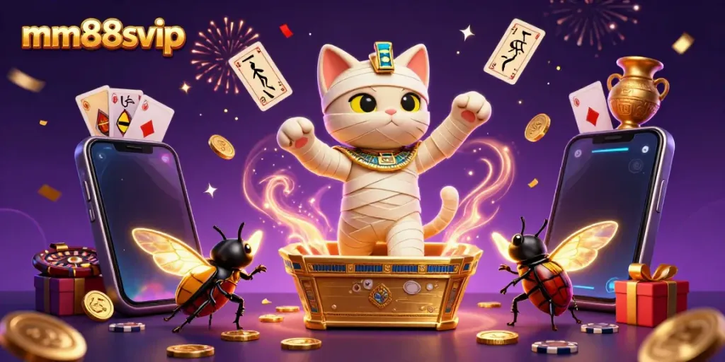 Engage in a vibrant mm88svip online casino adventure with a cartoon mummy cat and scarab companion.