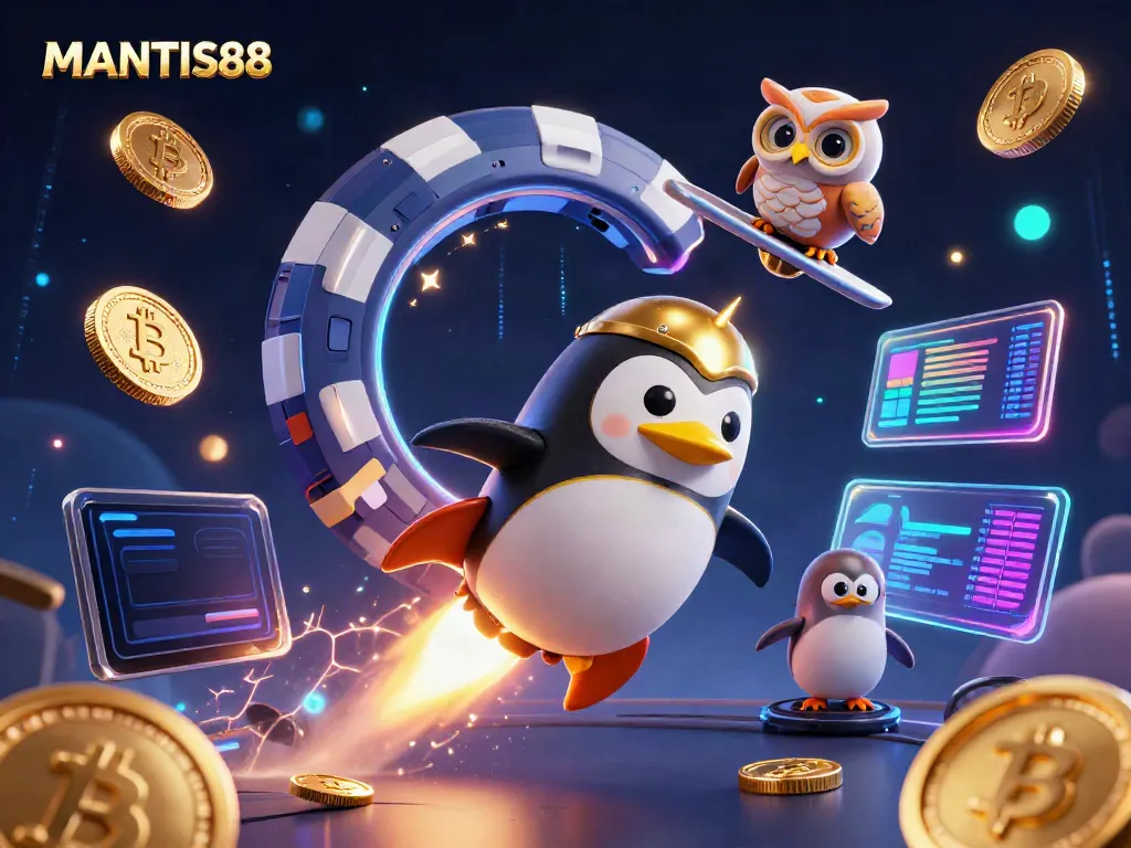 Experience the vibrant world of MANTIS88 with a golden rocket-powered penguin and dazzling casino elements.