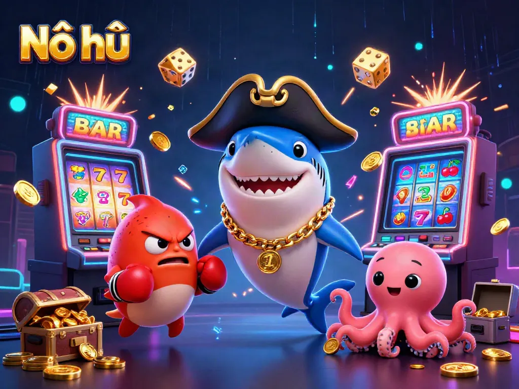 Nổ hũ game scene with a pirate shark, pufferfish, and octopus, celebrating slots