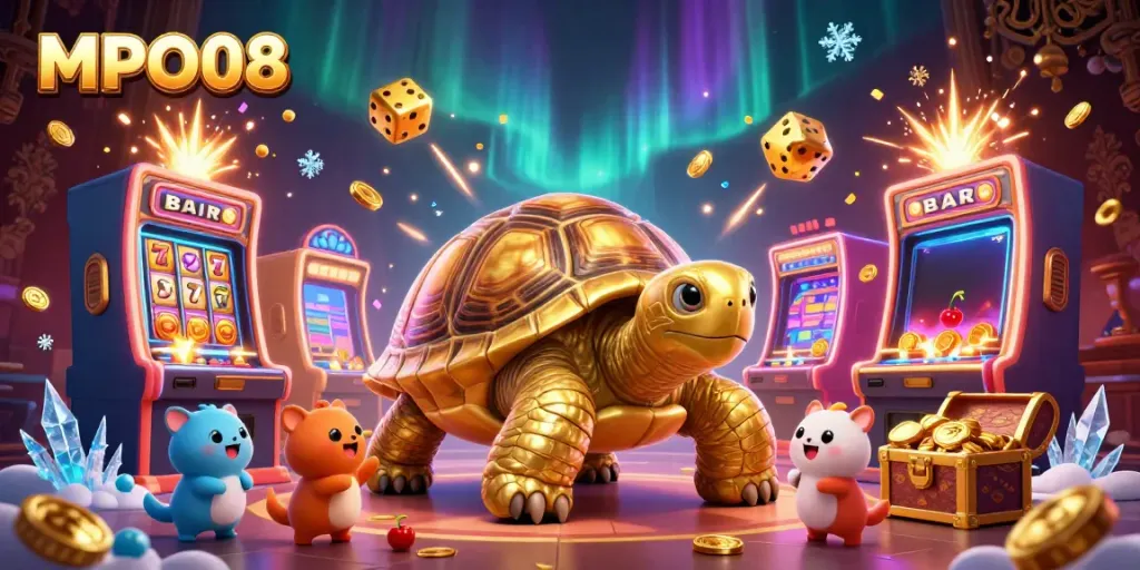 Experience exciting gaming with MPO08, featuring a colossal golden tortoise pinball machine surrounded by vibrant slot machines.