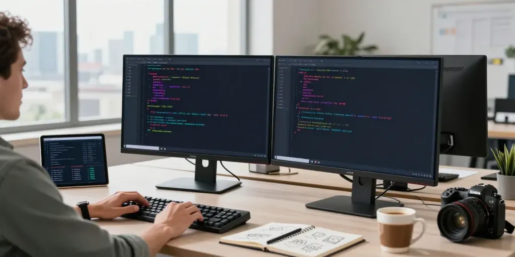 Developer configuring a Private VPS server in a modern office workspace with dual monitors and tech gadgets.