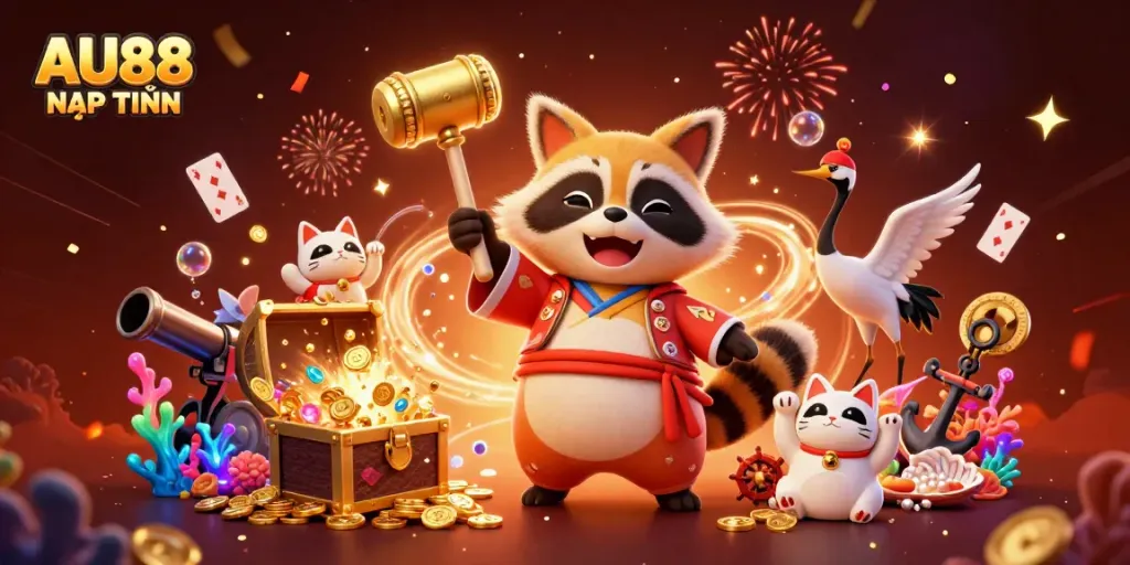 Engage with AU88 NẠP TIỀN in a vibrant 3D scene featuring joyful characters and casino elements.