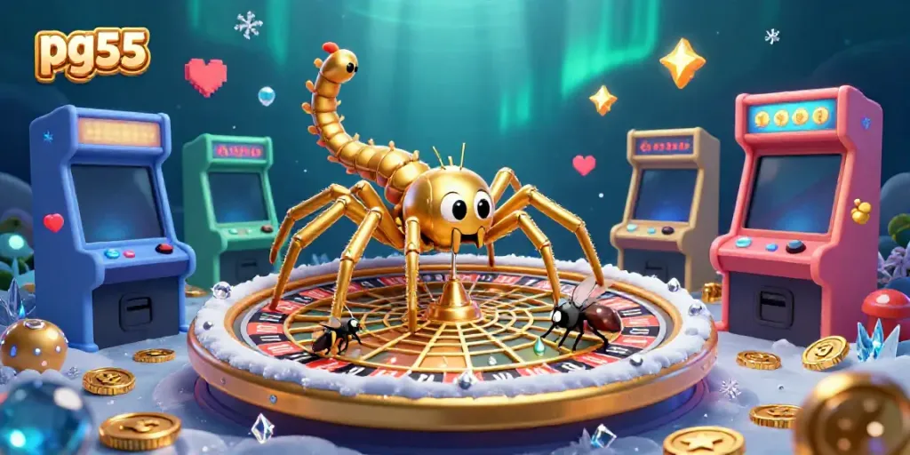 Experience pg55 where a golden spider spins a roulette wheel web while characters interact amidst a vibrant casino scene.
