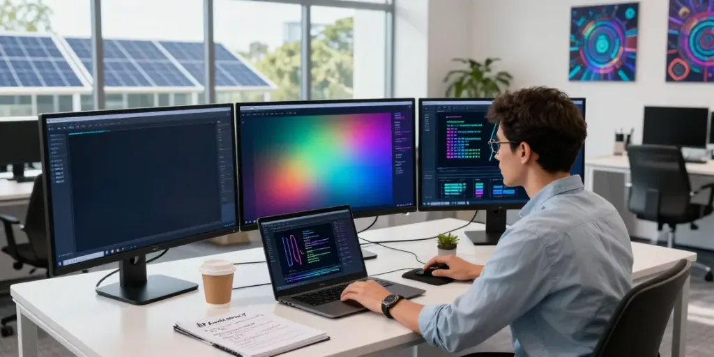 AI infrastructure workspace with data scientist analyzing AI model performance.