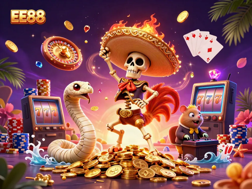 Celebrate wins with EE88's lively gaming characters dancing on coins and gems.