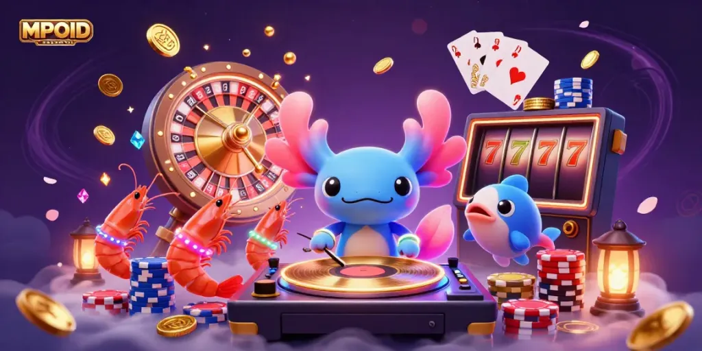 Experience MPOID's vibrant gaming world with a neon axolotl DJ and dazzling casino elements.