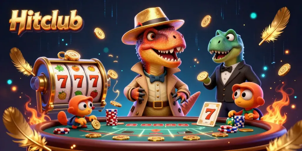 Hitclub reveals a velociraptor card counter's antics in an engaging casino setting with slot reels.