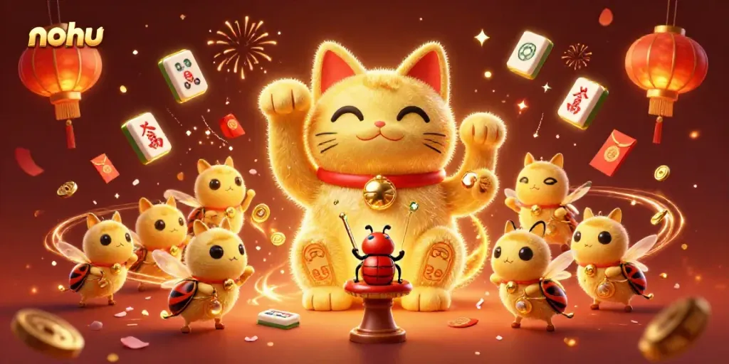 Nohu-themed casino illustration with a lucky cat, glowing symbols, and festive elements