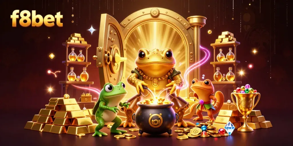 Experience thrilling action at f8bet with vibrant 3D casino elements, showcasing gold coins and magical transformations.
