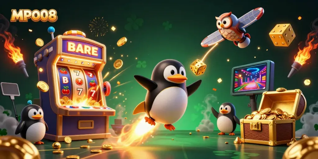 Experience thrilling gameplay at MPO08 with a golden penguin racing towards jackpot rewards.