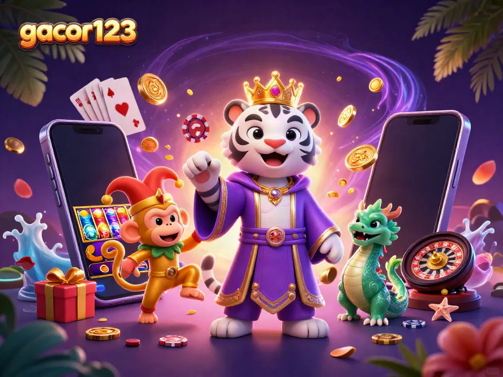 Experience the vibrant energy of gacor123 with a playful scene featuring a tiger, monkey, and dragon amidst casino elements.