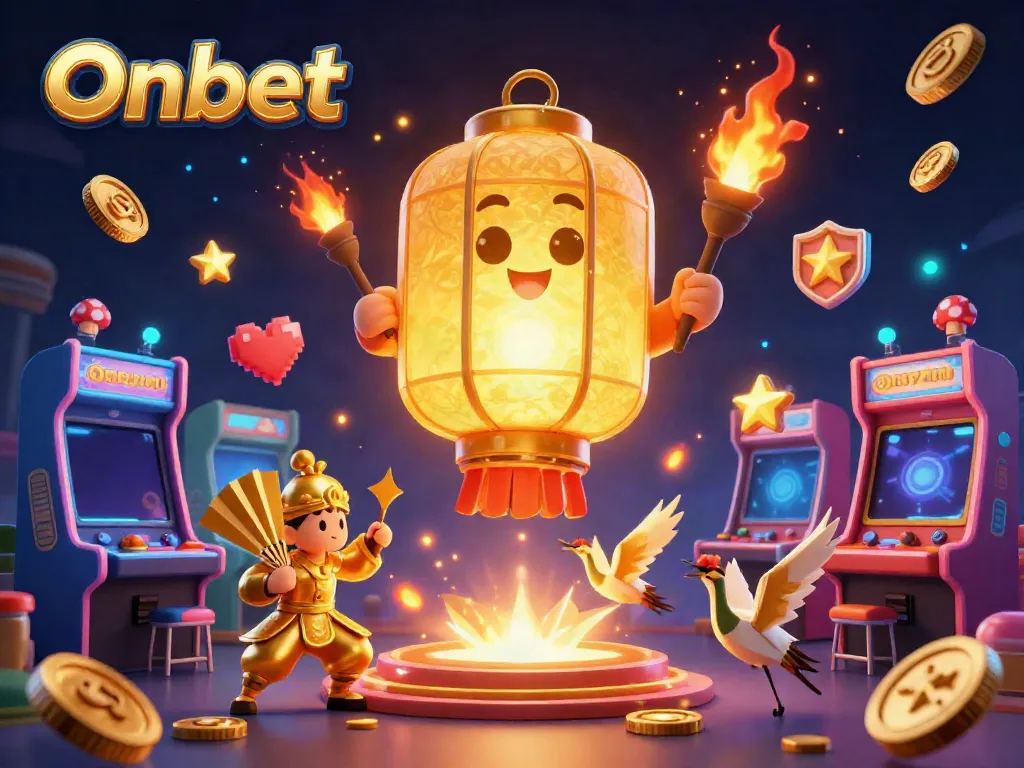 Experience thrilling gaming at Onbet, featuring a vibrant golden lantern spirit and arcade animations.