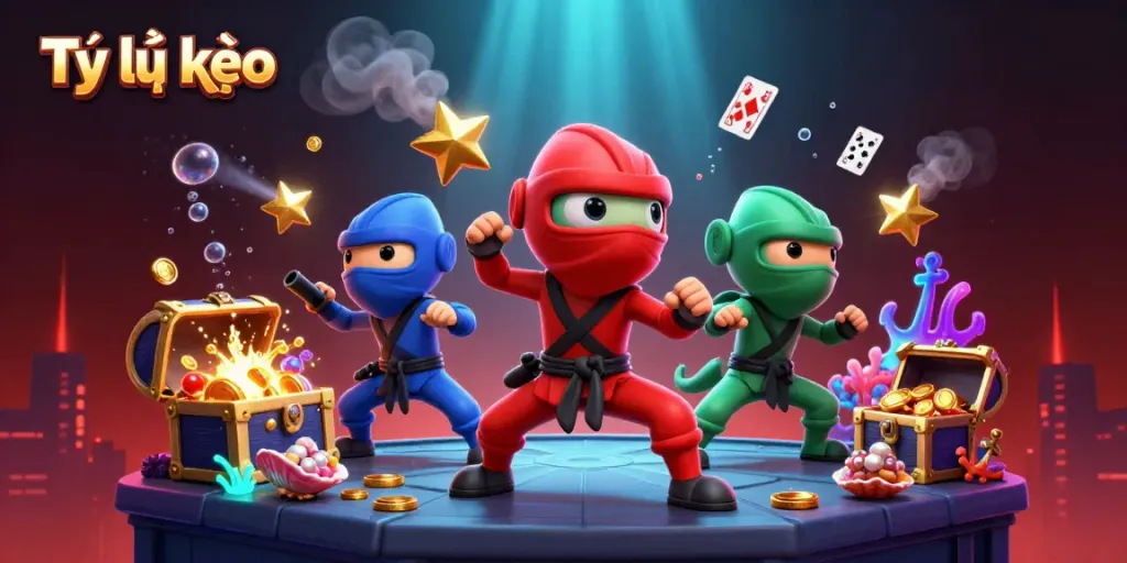 Experience Tỷ lệ kèo with a dynamic illustration of chameleon ninjas and casino elements.
