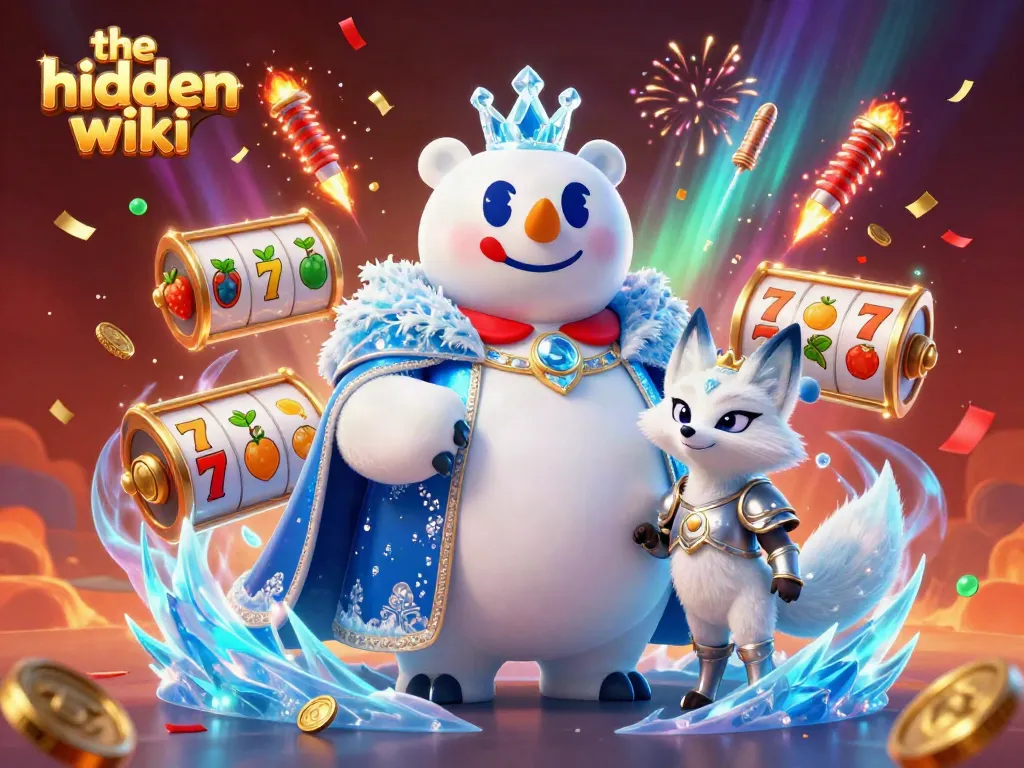 The hidden wiki showcases the ice king polar bear and snow fox in a vibrant casino scene, celebrating with slot reels.