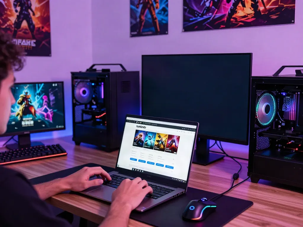 Person downloading MOD APK games on apktodo website within a vibrant gaming workspace.