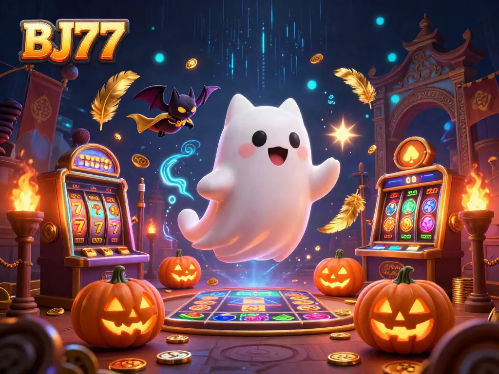 BJ77 ghost cat and bat captivatingly engaging with casino elements in a haunted mansion scene
