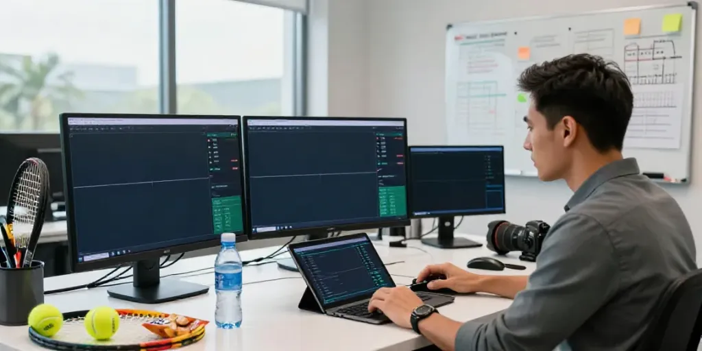 Expert analyzing tennis prediction algorithm results on multiple screens.