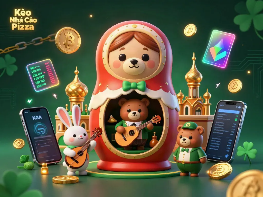 Kèo Nhà Cái Pizza offers a glamorous 3D cartoon casino scene filled with vibrant characters and crypto elements.