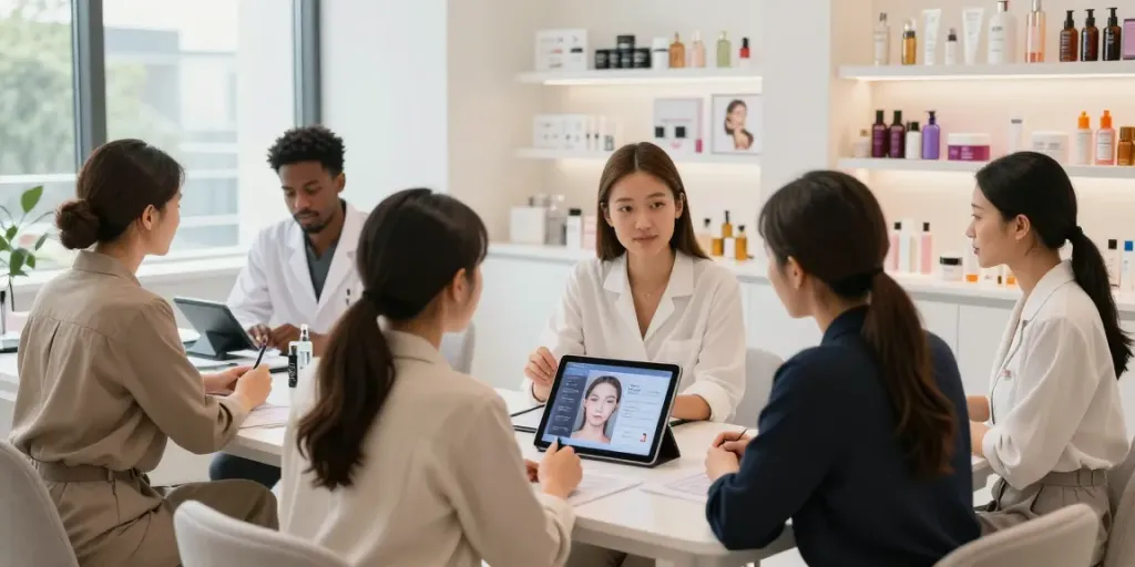 Individuals exploring alternatives to QOVES in a beauty consultation setting with facial analysis tools.