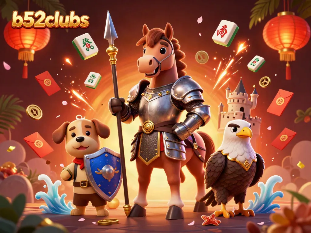 Experience the thrill of b52clubs with a festive 3D illustration blending medieval willpower and casino splendor.