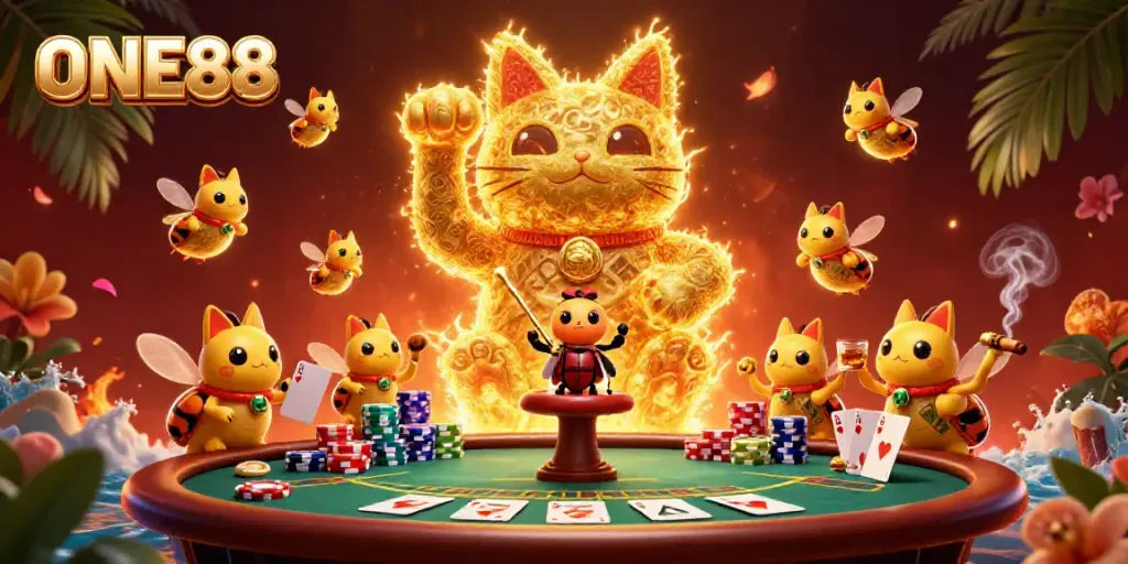Engage with ONE88's exciting world through a playful illustration of casino elements and themes.