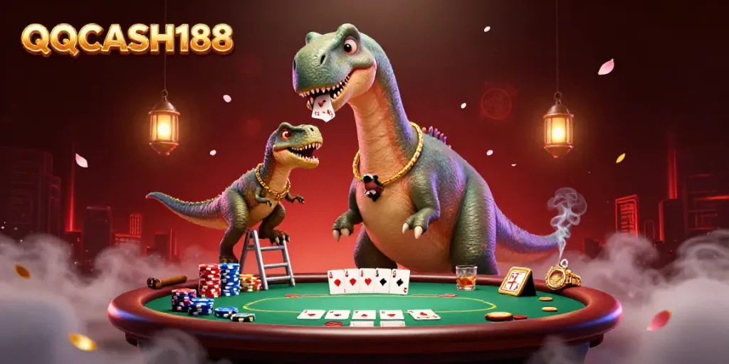 Experience QQCASH188 casino excitement with a playful brontosaurus overseeing a poker game.