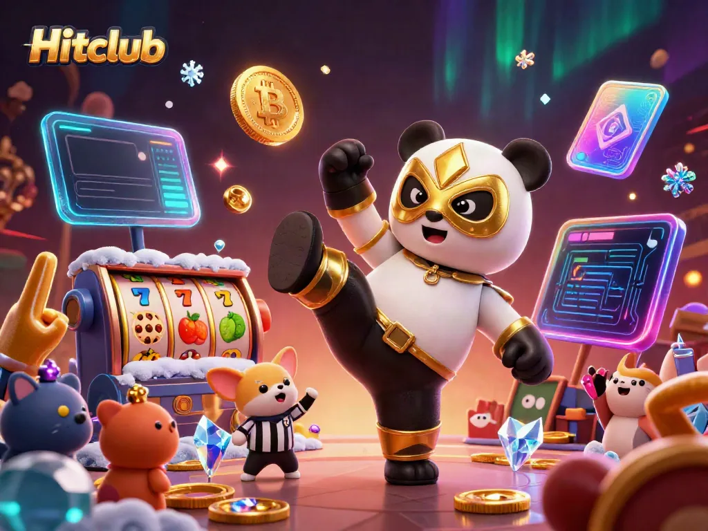 Hitclub showcases a lively casino scene with animated characters celebrating wins and vibrant slot elements.
