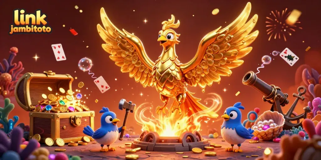 Experience the excitement of link jambitoto with a vibrant phoenix and gold coins in this dynamic casino scene.