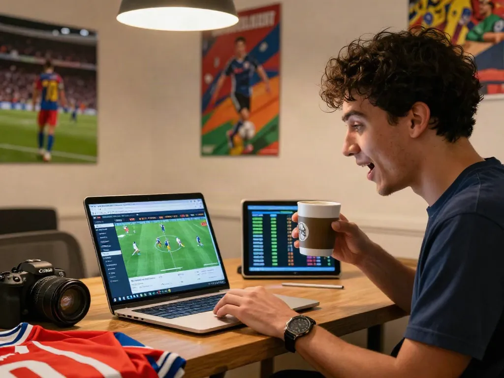 Excited individual using WWBOLA for sports betting analysis with laptop.