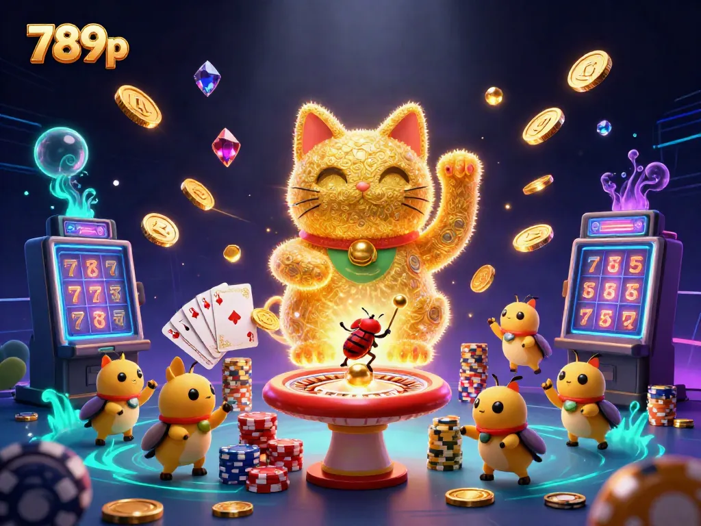 Celebrate wins at 789p with a vibrant lucky cat illustration surrounded by casino symbols.