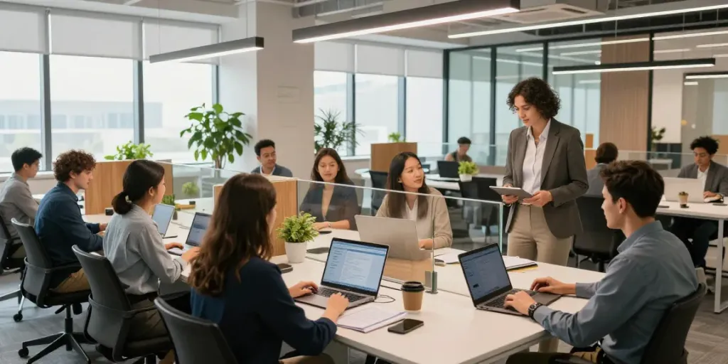 Efficient work environment featuring modern پارتیشن اداری promoting collaboration and privacy.