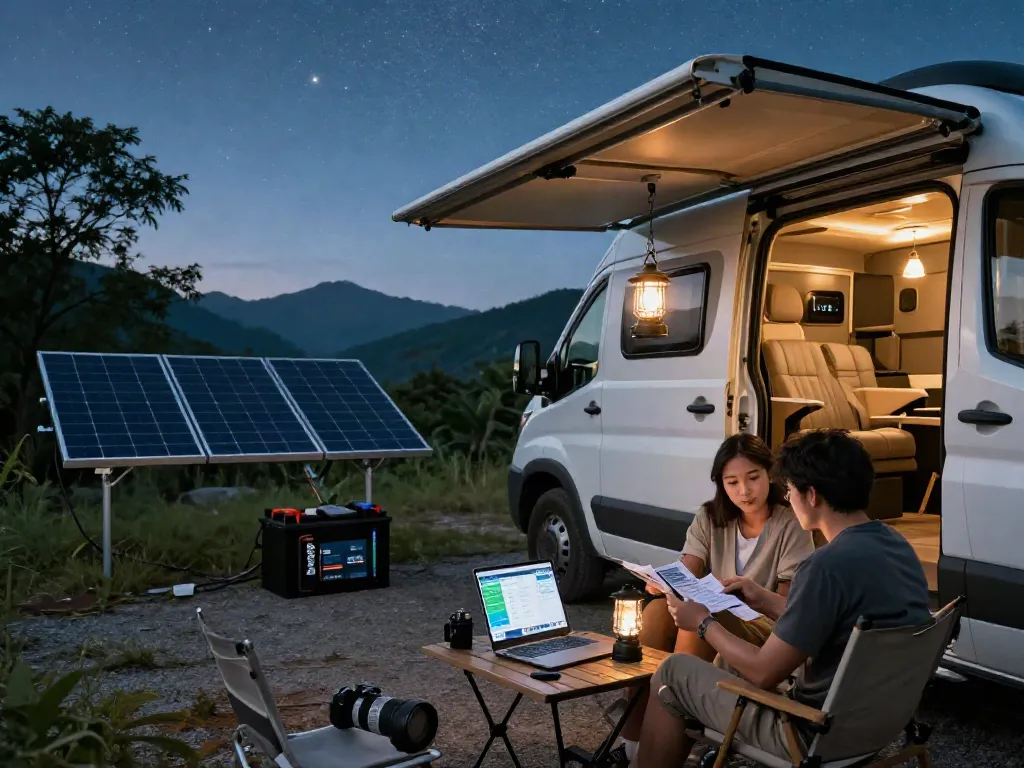 Couple reviewing equipment manuals for lithium RV batteries at a cozy campsite under a starry sky.