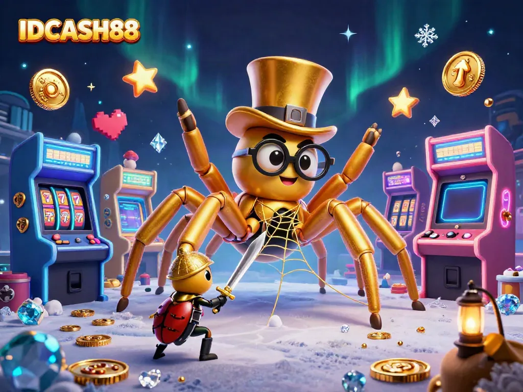 Experience thrilling gaming at IDCASH88 with vivid casino scenes featuring a golden tarantula and beetle knight.