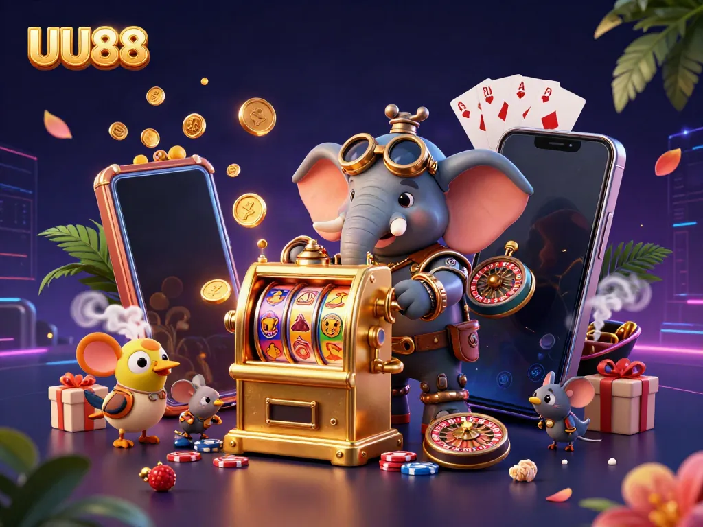 Play thrilling slots at UU88 with a steampunk elephant and cascading coins in a vibrant casino scene.