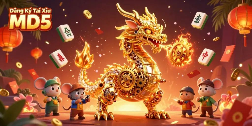 Experience the exciting world of gaming with Đăng Ký Tài Xỉu MD5, featuring a mechanical dragon and festive game elements.