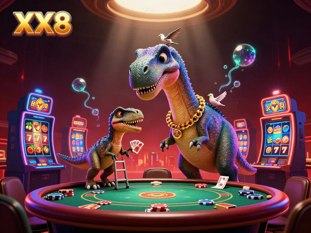 Join a whimsical XX8-themed casino scene with a giant brontosaurus overseeing a poker table.