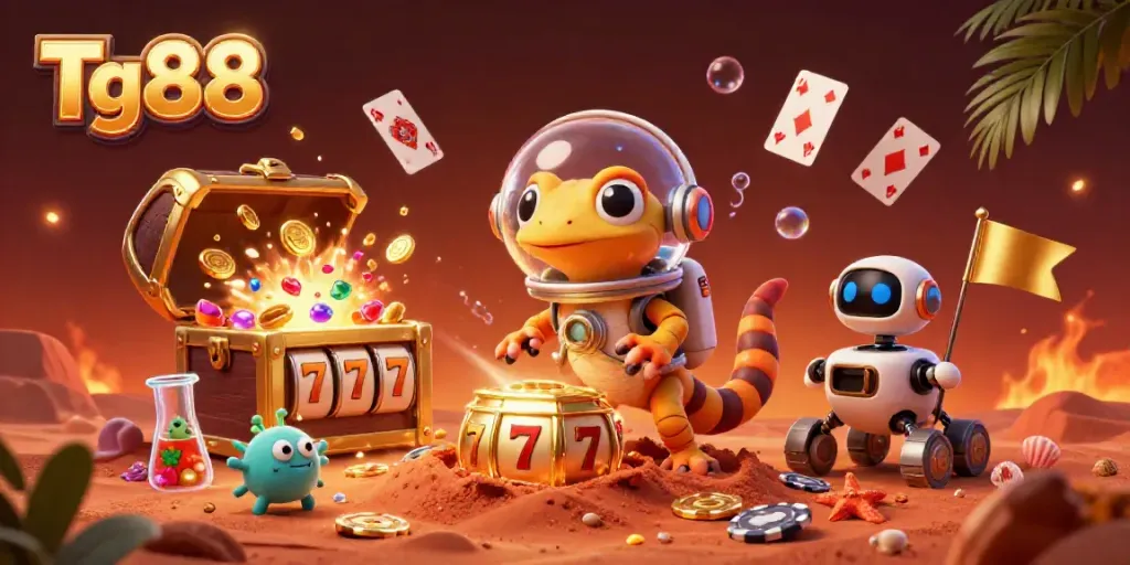 Join Tg88 in a colorful 3D adventure where a Martian gecko discovers a buried casino among gold coins and floating cards.