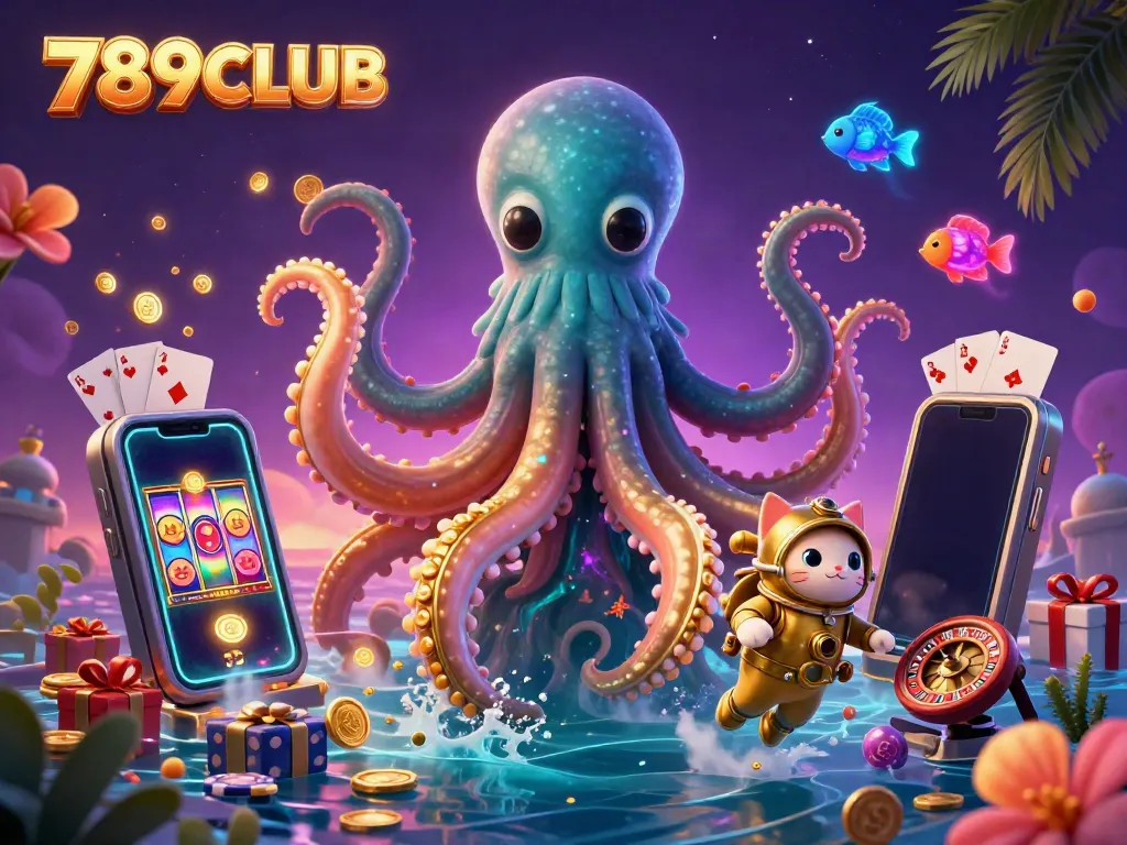 Experience thrilling wins with 789CLUB as a kraken, diving cat, and games unite in this vibrant scene.