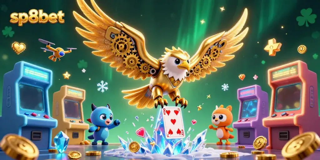 Experience thrilling gameplay with sp8bet in a vibrant casino illustration of a golden eagle and arcade elements.